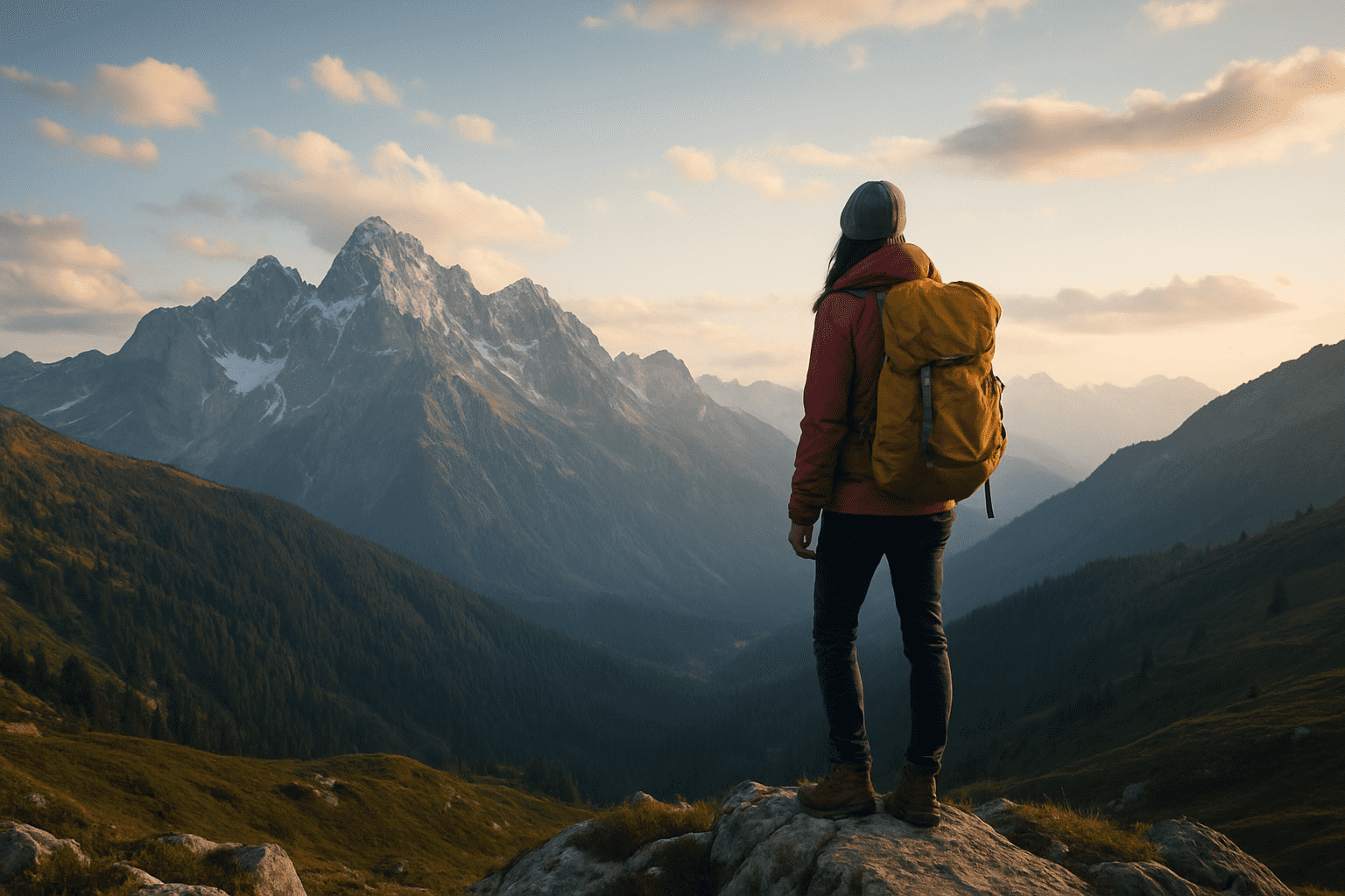Adventurer overlooking mountain landscape at sunset